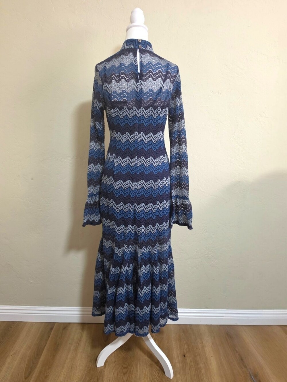 En Saison Lorrae Navy Tonal Zigzag/Chevron Pattern Lace Midi Dress, M, Boho Fall - Picture 13 of 16